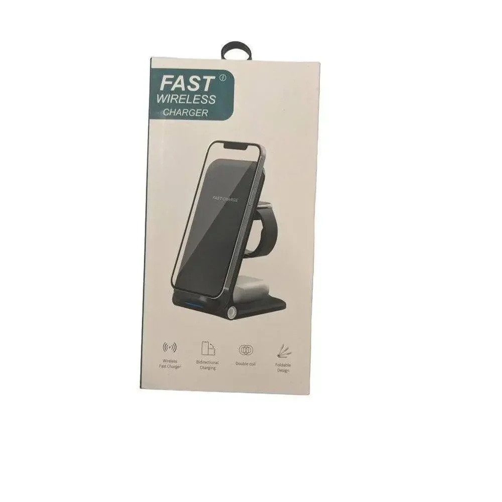 3 in 1 Fast Foldable Design Wireless Charger, Bidirectional, Double Coil Black